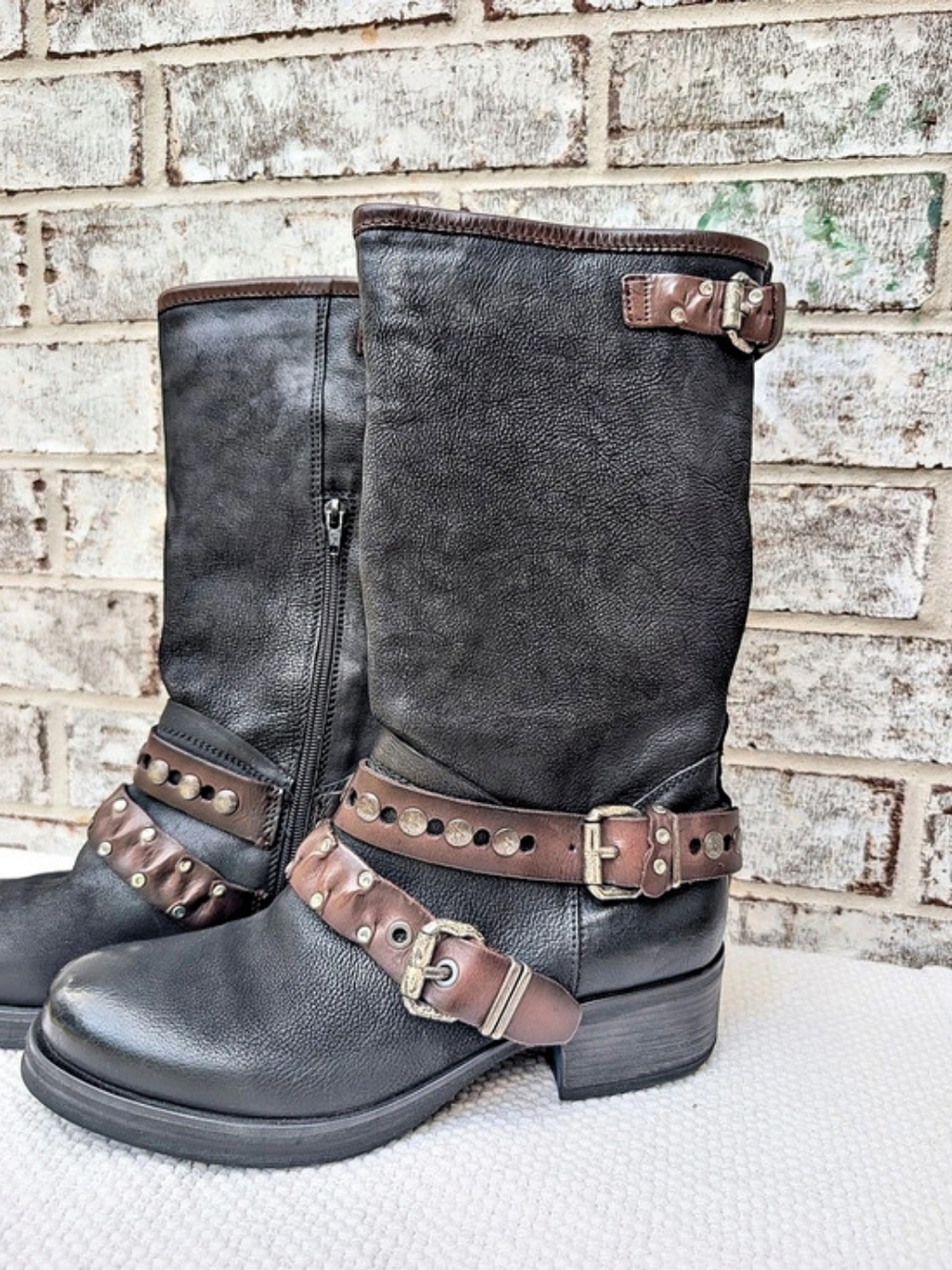 YKX & CO Black Tall Double Buckle Moto Biker Boots Size US 10.5 EU 42